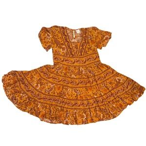 Bila Women's Orange Paisley Print Tiered Mini Dress XS Rayon Short Sleeve V Neck